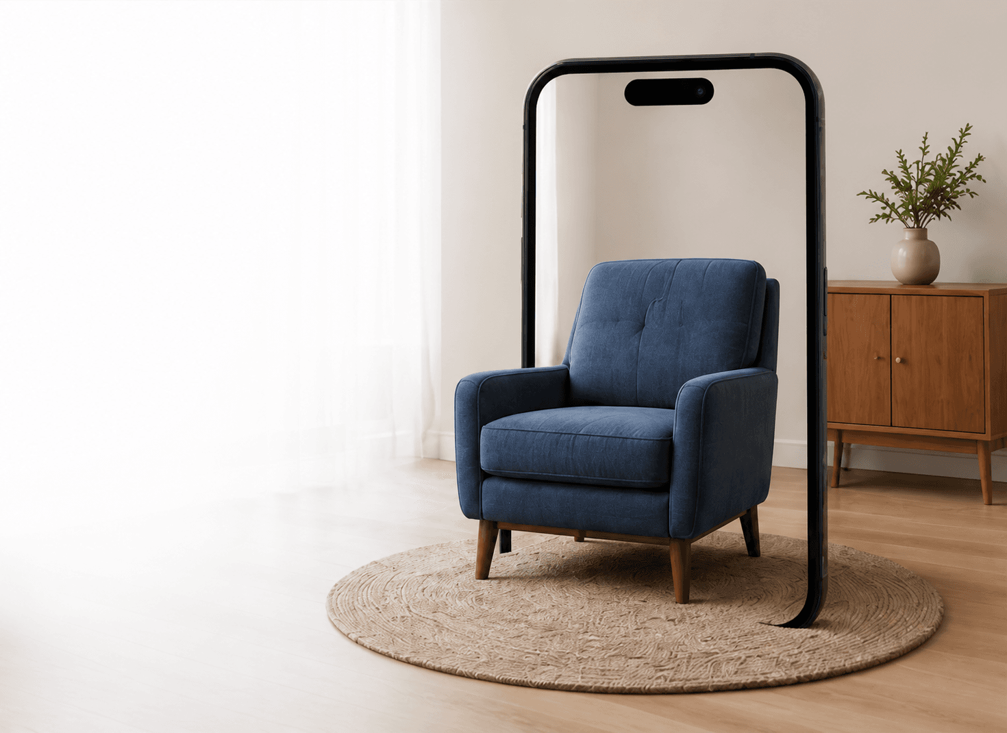 Navy armchair overlapping a smartphone in a modern room to demonstrate true-scale AR
